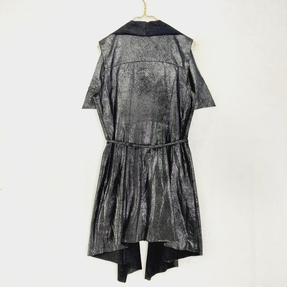 NEW BLVD Black Faux Leather Long Open Front Waist Tie Vest P7060 - Picture 4 of 8